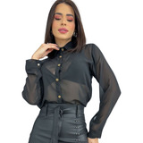 Camisa Blusa Social Transparente Manga Longa Botões