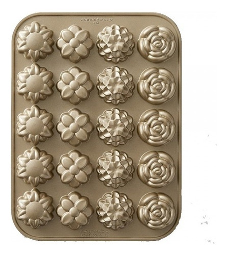 Molde Tortas Mini Flores Petit Fours Nordic Ware® Color Dorado