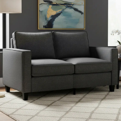 Sofá Sillón Loveseat 2 Plazas Sala Moderna Minimalista Tapizado Poliéster Madera + Cojines Gris Oscuro KingsHouse | Meses sin interés