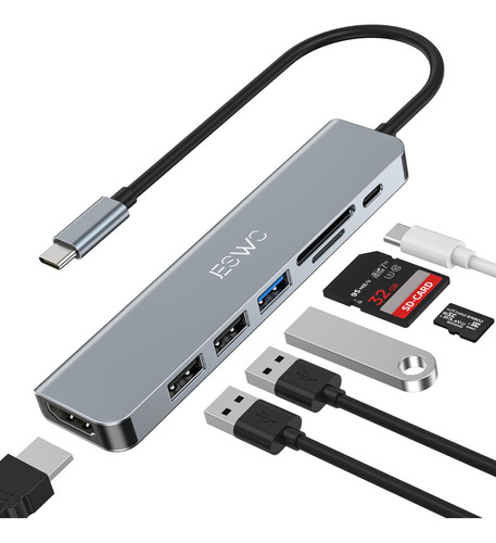 Jeswo Hub 7 En 1 Usb 3.0 Adaptador Tipo C A Hdmi 4k Sd Tf