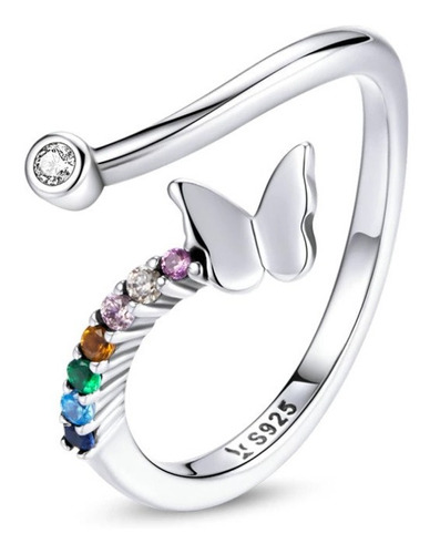 Anillo Ajustable Para Mujer Mariposa Multicolor Plata 925