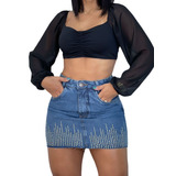 Saia Jeans Feminina Com Brilho Blogueira Verão Premium