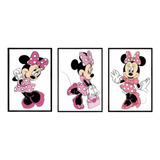 Quadro Decorativo Minnie Rosa Quarto Menina Infantil 3 Peças