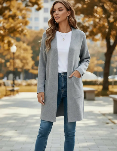 Cardigan Mujer Largo Ensamble Dama Maxi Sueter Con Bolsas | MercadoLibre