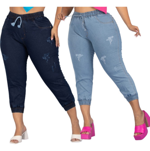 Kit 2 Calça Jeans Plus Size Jogger Feminina Elastico E Lycra