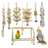 Juego Juguetes Pájaros Loro Jaula Madera 7-piezas Set Acceso