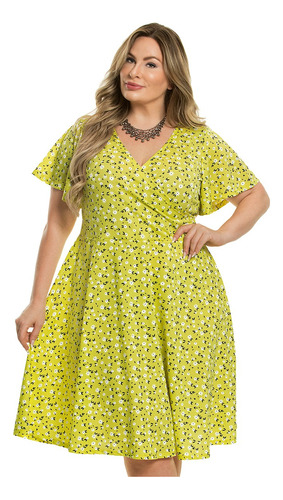 Vestido Midi Amarelo Decote Em V Estampado  Moda Cristã 