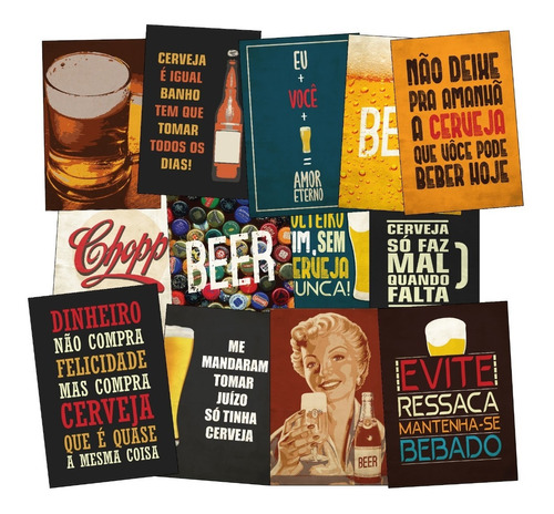 Kit 12 Placas Quadro Decorativos Cerveja Bar Boteco Retrô