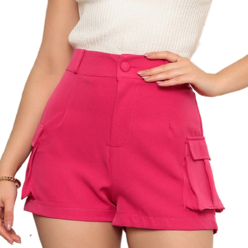 Shorts Feminino Cintura Alta Alfaiataria Social Bolso Cargo