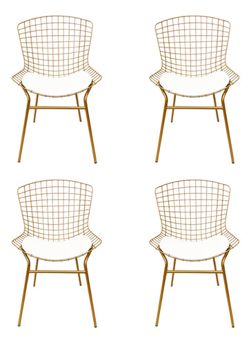 Cadeira Bertoia Dourado Fosco Ass. Branco Tubular 4 Unidades