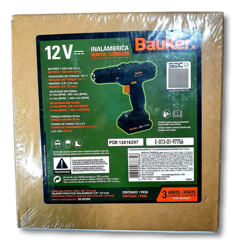 Taladro Percutor Inalambrico 10 Mm 12 V Con Batería Bauker