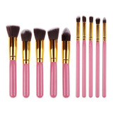 Set 10 Brochas Maquillaje Kabuki Gugus Makeup Profesional Color Pink-gold