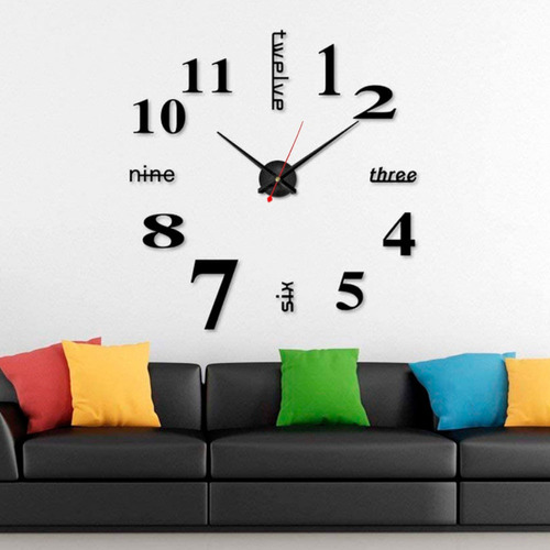 Reloj De Pared 3d Silencioso Grande Negro Quartz Elegante