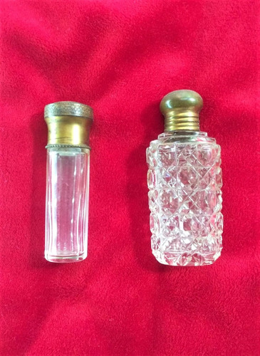 Antiguo Par De Perfumeros De Dama Para Cartera Cristal Metal
