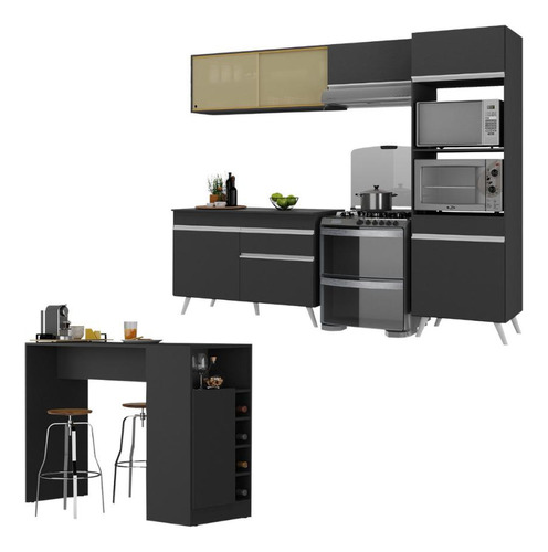 Armário Cozinh Modulado/bancada Americana Multimóveis Mp2209 Cor Preto/branco