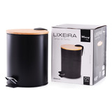 Lixeira Preta Com Pedal E Tampa Em Bambu 5l - Wincy