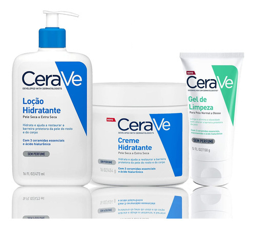 Kit Cerave Gel De Limpeza Creme E Loção Hidratante Pele Seca