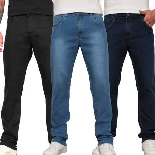 Kit 3 Calça Jeans Masculina Corte Reto Elastano Lycra