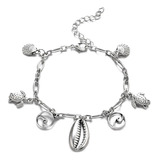 Pulsera Tobillera De Plata Con Múltiples Dijes De Tortuga