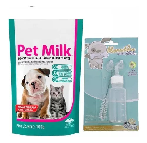 Leite Pet Milk 100g + Kit Mamadeira 50ml Cachorros Gatos Pet