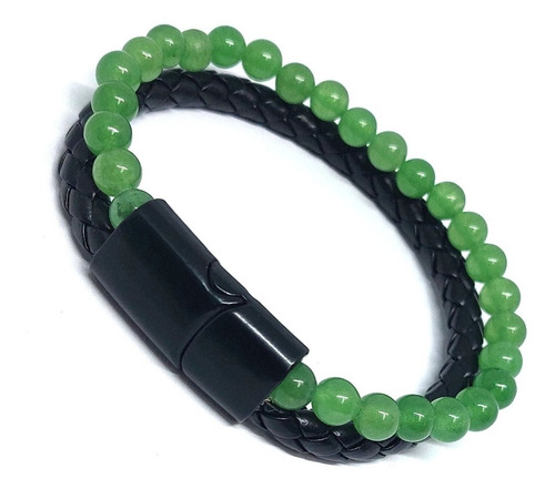 Pulsera Cuero Y Piedras Aventurina Verde Hombre Imantadada