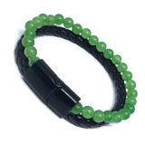 Pulsera Cuero Y Piedras Aventurina Verde Hombre Imantadada