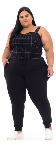 Calça Feminina Plus Size Jogger Malha Crepe Listrada Grossa