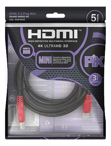 Cabo Mini Hdmi X Hdmi 2.0 Ultra Hd 4k 3d Hdr 5 Metros Pix