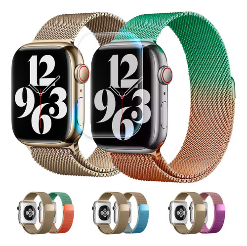 Correa Acero Degradado + Dorado Para Apple Watch 2pcs+ Mica 