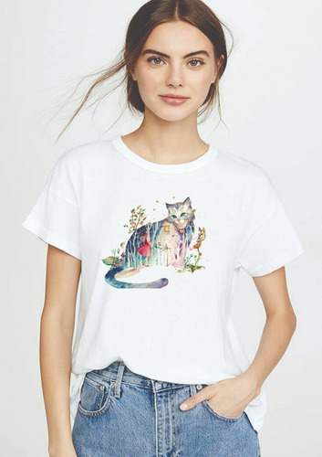 Camiseta De Mujer Diseño Gato Artístico 