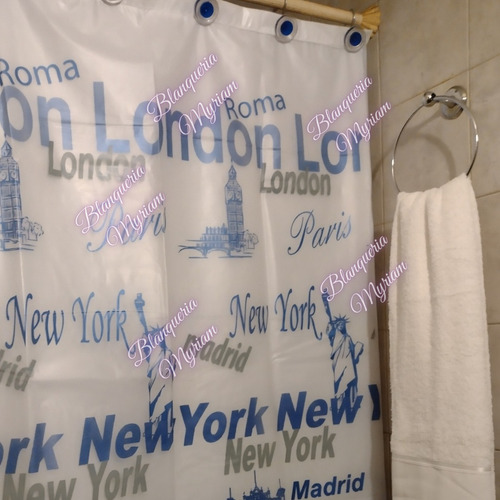 Cortina De Baño Con Protector Y Ganchos Plásticos Ciudades