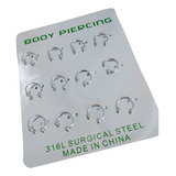 Kit Piercing Ferradura 10mm Septo Aba Aço 12 Unid  Prata