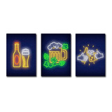 Kit 3 Placas Quadro Bar Cerveja Efeito Visual Neon - 20 X 30