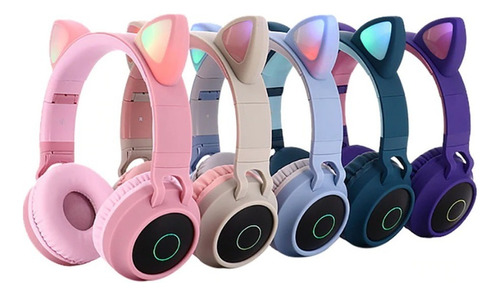 Audífonos Diadema Bluetooth Fm Micro Orejas De Gato Y Luces Color Azul