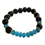 Pulsera De Piedra Lava Negra Y Cristal De Roca Celeste