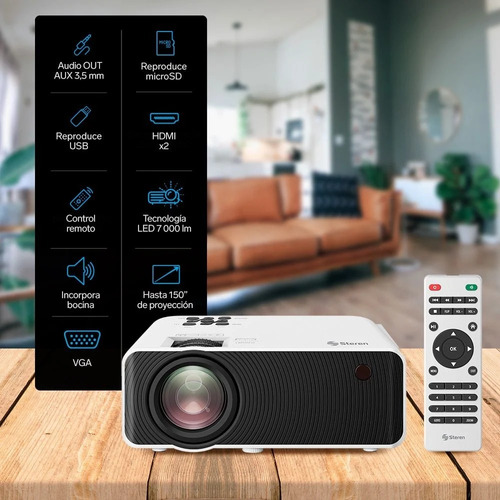 Proyector Multimedia Hd De 7000 Lúmenes, Portátil Steren