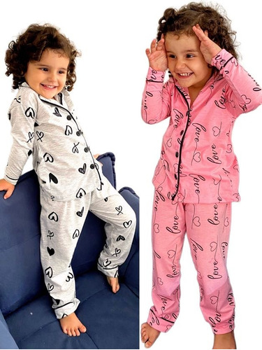 Kit 2 Pijama Comprido Americano Infantil Menina  Frio Botões