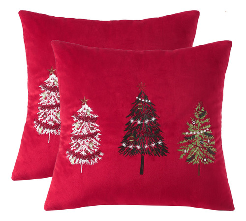 Fundas De Cojin Navideño Pinos En Terciopelo Rojo 45x45cm