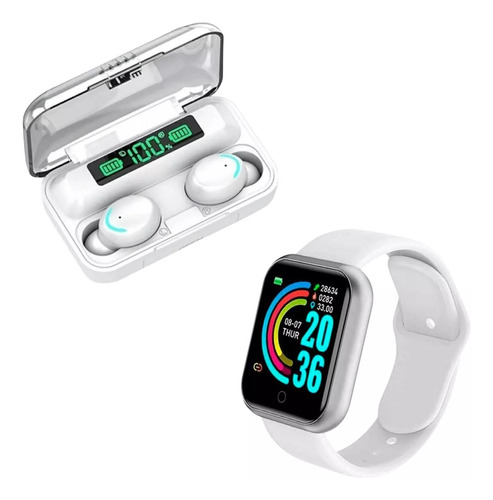 Combo Smartwatch D20 Y68 + Auricular Inalambrico F9-5 Blanco