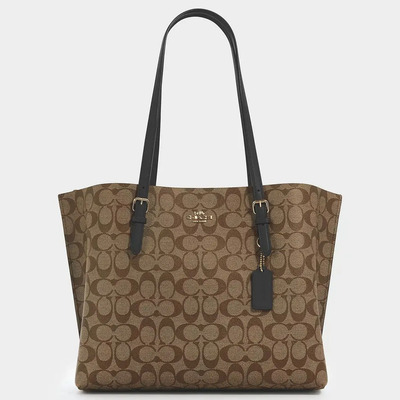Bolsa Coach Mollie Tote Grande. Compartimiento Para Laptop. Acabado De Los Herrajes Oro Color Marrón Claro Correa De Hombro Negro Diseño De La Tela Coated Canvas Con Monograma Clásico | Meses sin interés