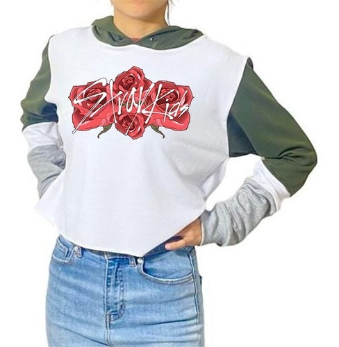 Sudadera Crop Top Bicolor Stray Kids Con Rosas