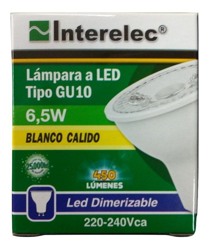 Lampara Dimerizabe Led Gu10 6,5w Luz Cálida Interelec