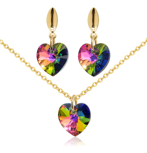 Juego Cadena Corazon Swarovski Collares Aretes Mujer Oro Glf