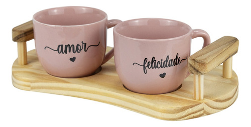 Jogo Caneca Chá Multiuso Bandeja Pinus Café Casal Decorativo