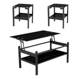 Juego 3 Mesas Auxiliares Elevables Cristal Negro