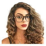Óculos Feminino Grande Quadrado Sem Grau Anti Luz Azul Preto