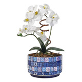Vaso Cerâmica Mosaico Português Azul Flor De Orquídea Branca