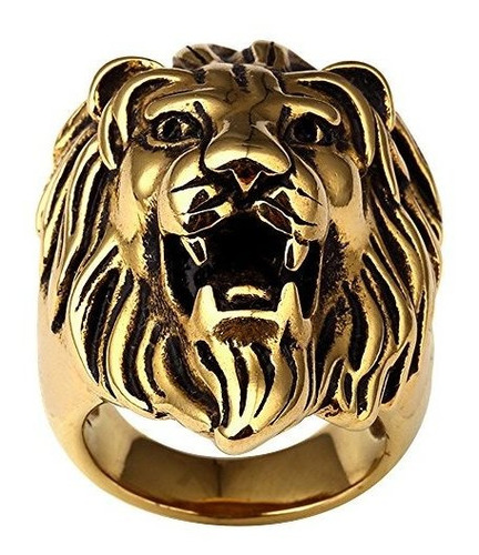 Anillo Hombre Acero Inoxidable Bañado Oro 18k, León 3d.