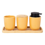 Conjunto Banheiro De Cerâmica Kit 4 Peças Com Bandeja Bambu