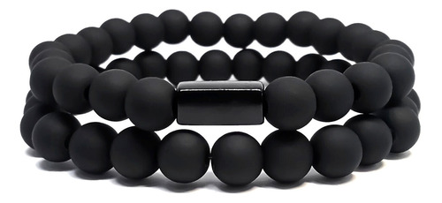 Kit 2 Pulseiras Masculinas Bolinhas Preta Fosca 8mm Berloque